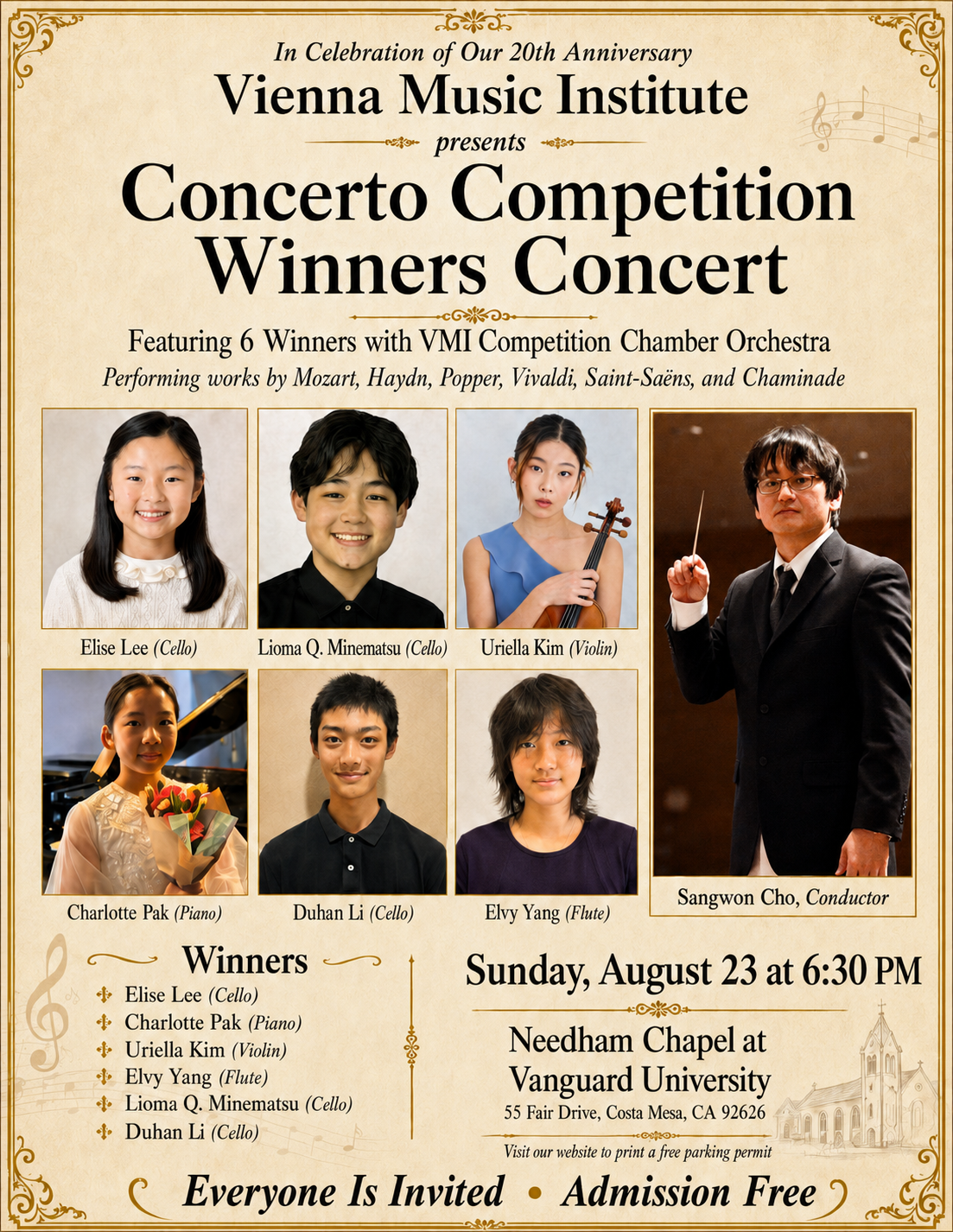 Vienna Music Institute 20th Anniversary Concerto Competition Winners Concert flyer, August 23 at 6:30 PM at Needham Chapel, Vanguard University.